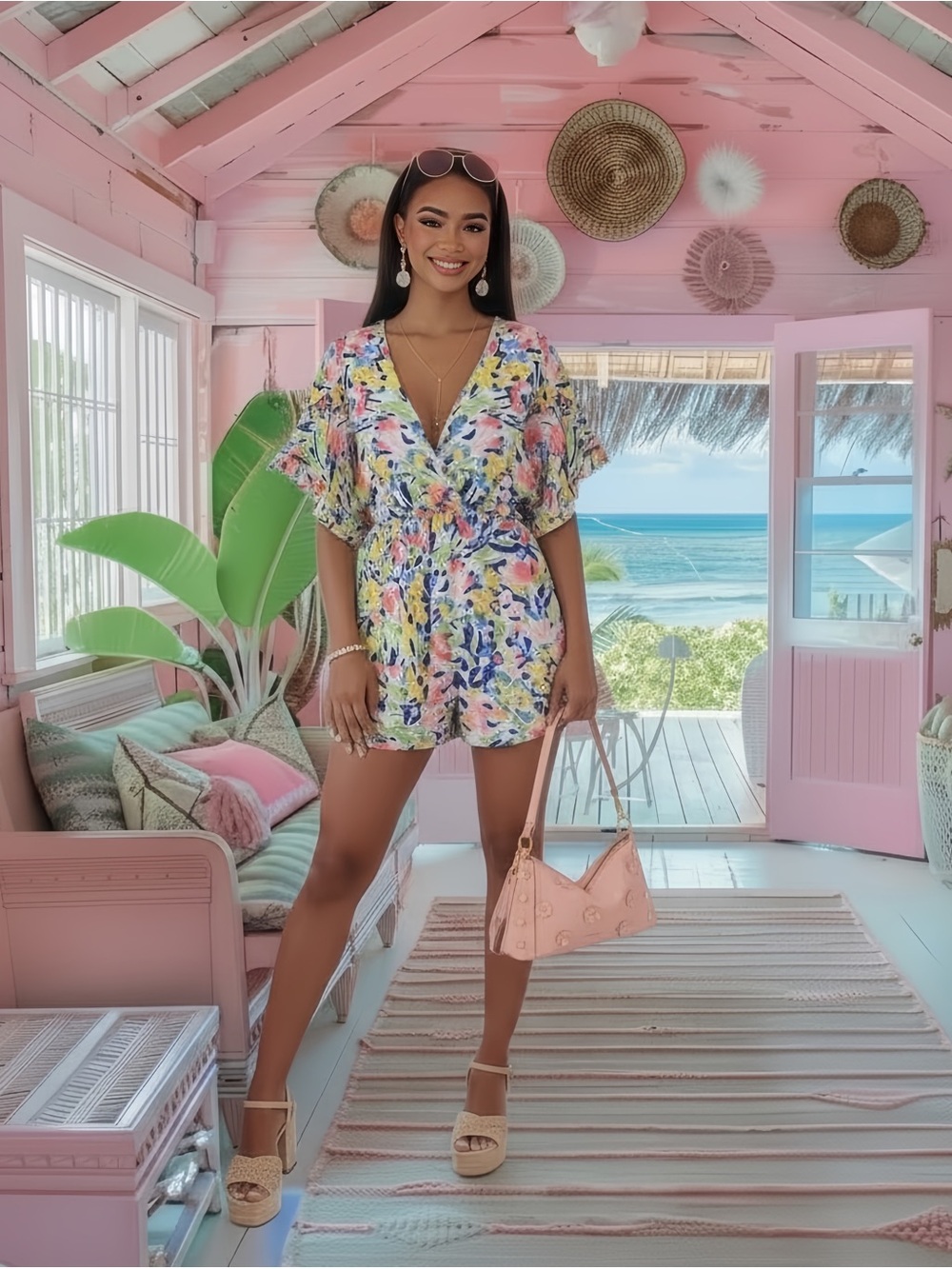 3XL Floral V-Neck Romper in Pastel Multi - Picture 5 of 13